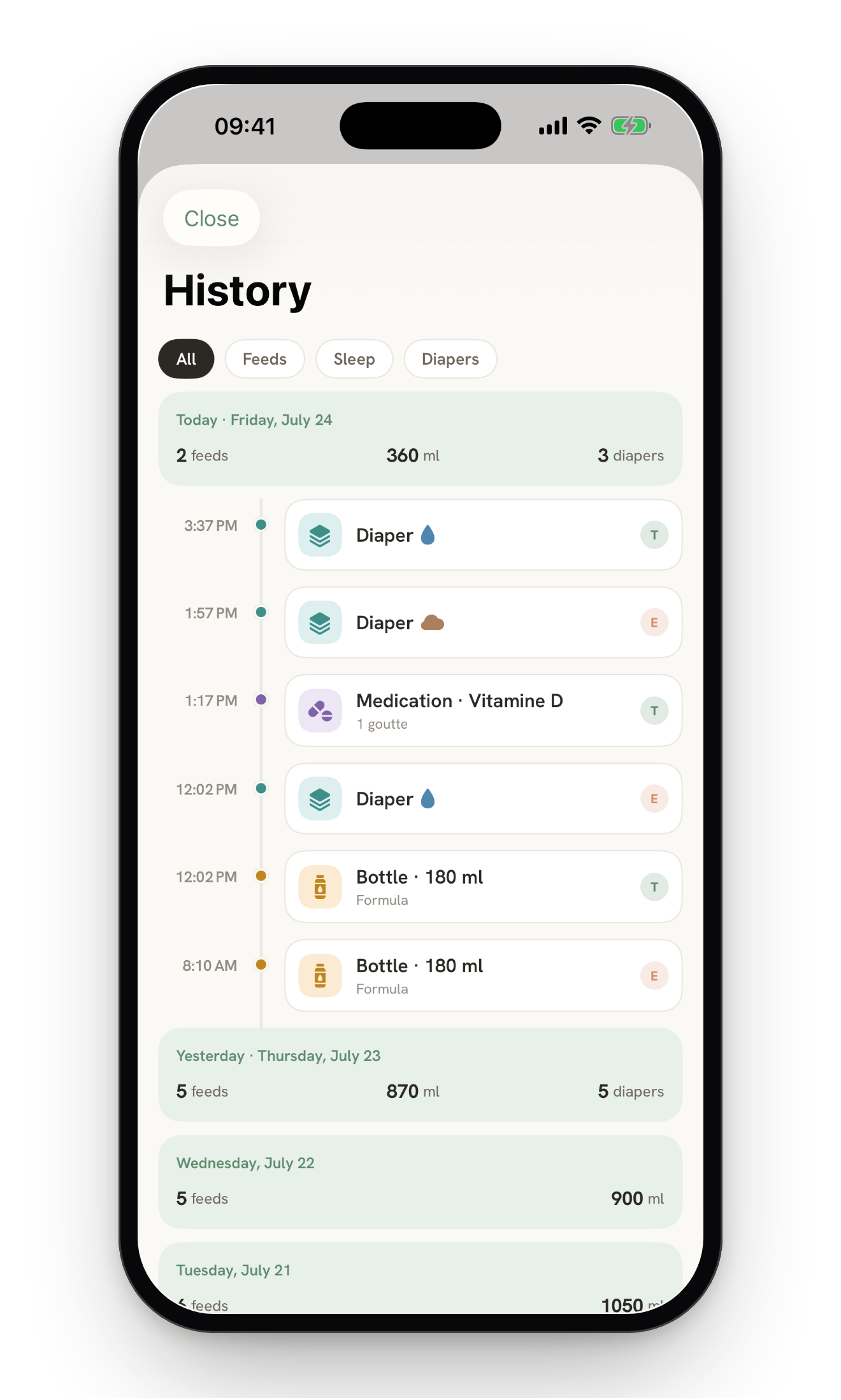 BabyBib's History screen: the timeline of bottles, nappies and medication, each entry signed with the author chip of the parent who logged it, synced between both phones in real time.