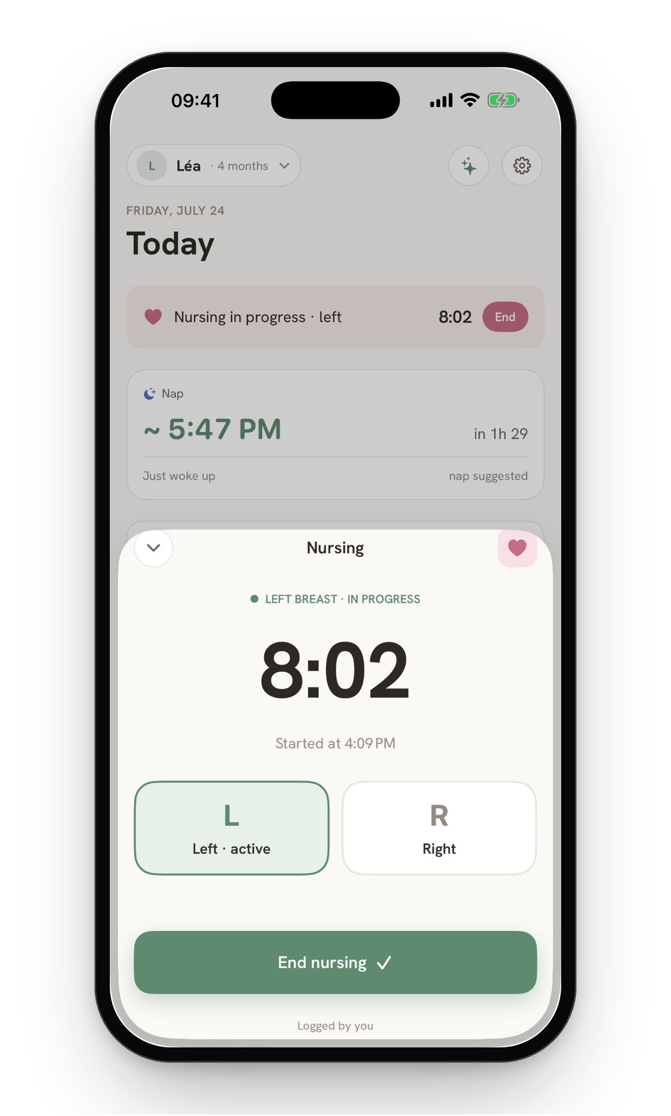 A nursing session running in BabyBib: the left-breast timer reads 8:01, started at 7:25 PM, while the Today screen keeps the “Nursing in progress · left” banner and the next nap in 1h 29.